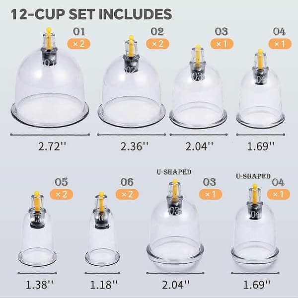 Cupping Terapi Sæt m/ 12 Massagekopper til Lindring af Rygsmerter Fysioterapi med Håndpumpe (Hvid Håndpumpe, 12 KOpper)
