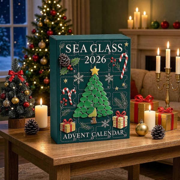 Julekalender i nyhetsboks, flate akrylpynt formet som havsglass