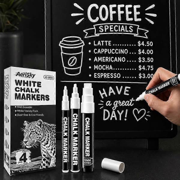 Wet Erase White Liquid Chalk Markers, 4-Pack, Non-Toxic Dustless Markers for Windows, Blackboards, School Use