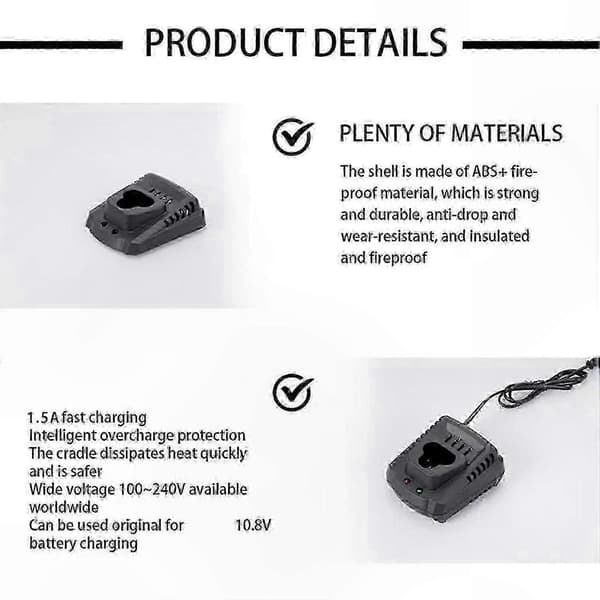 Lader for 10,8V 12V Li-Ion batterier Erstatningsverktøytilbehør
