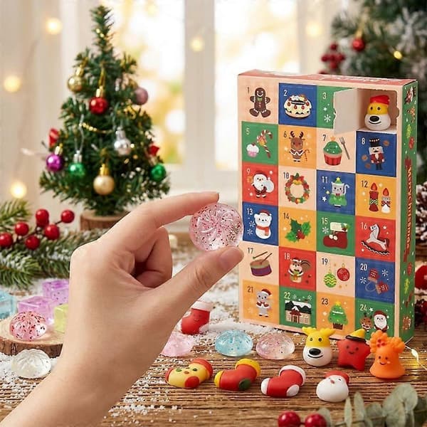 24 stk. jule-nedtellingskalender, glitrende squishy fidget-leker, assorterte mini-julepynt, overraskelses-blindboks-gave til gutter og jenter