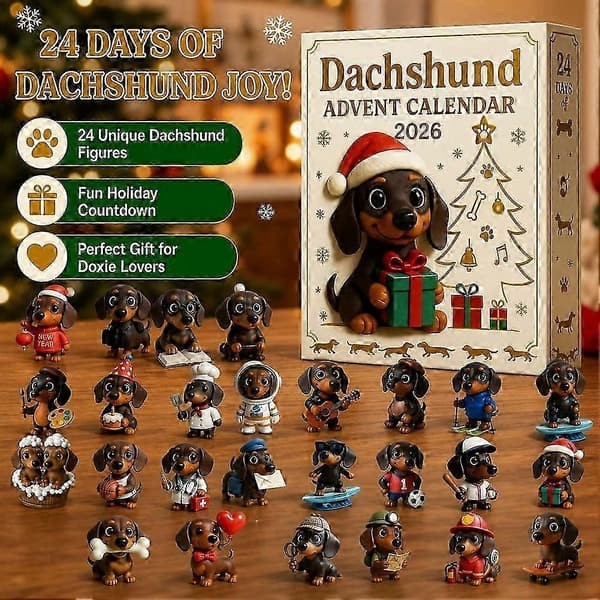 Jule-nedtellingskalender med 24 nummererte dører, PVC-dachshundfigurer, akrylmateriale