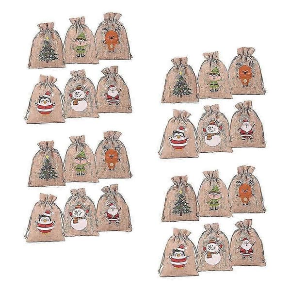 24 stk. Jule-adventskalender sæt med gaveposer i jute - DIY julepynt til nedtælling til jul