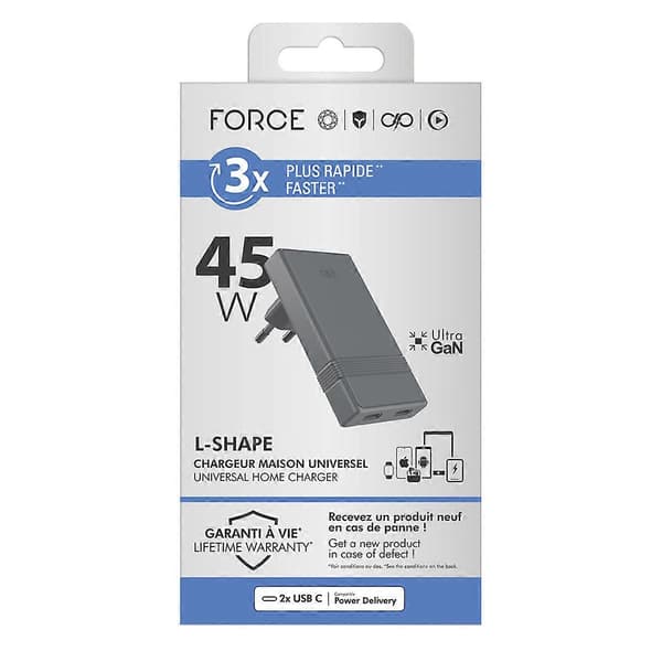 USB-C vegglader L-form modell PD 45W og Ultra-GaN-kompatibel, grå