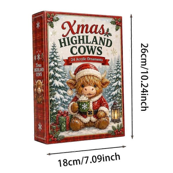 Jule-adventskalender med 24 dagers nedtelling og flate Highland Cow-pynt