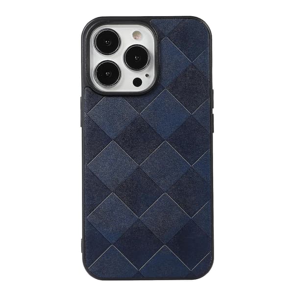 Kudottu ruudullinen PU-puhelinkotelo iPhone 13 Pro Maxille, sininen