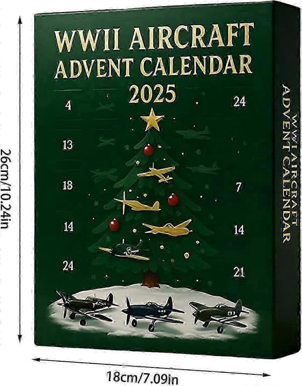 WWII Fly Adventkalender 2025, 24 mini akryl-jagerfly-pynt, jule-nedtælling, træpynt til luftfartsentusiaster