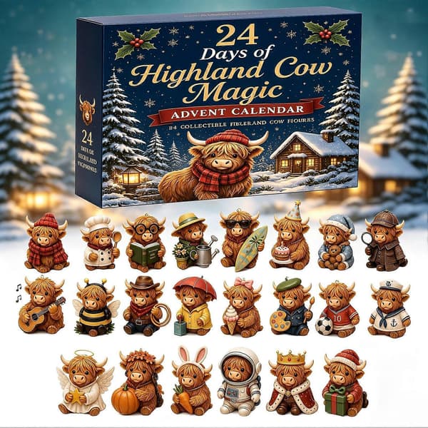 Highland Cow Adventskalender, 24 unike akrylpynt til juletreet