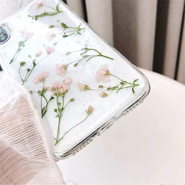 iPhone 7/8 Ægte Blomsteretui, Piger Blomstret Glitter Etui Klart Blødt Gummi Presset Tørret Blomsterbeskyttelse til iPhone 8 / iPhone 7-gul