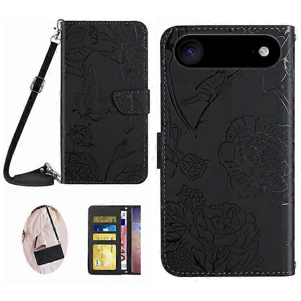 Compatible For iPhone 17 Air Case Butterfly Flower Imprint Leather Phone Cover With Shoulder Strap