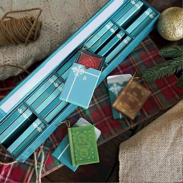 Julebog-pynt julekalender 2026, lille bogreol miniature bibliotek julepynt