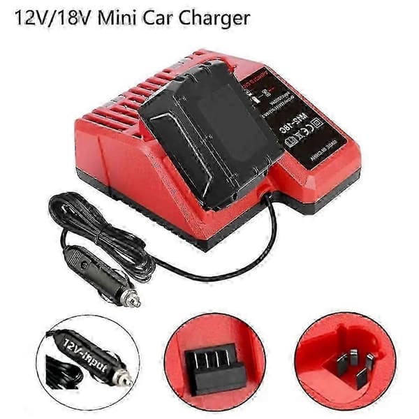 Milwaukee Batterilader for 12V 18V M18 M12 med LED-indikator, billaderplugg