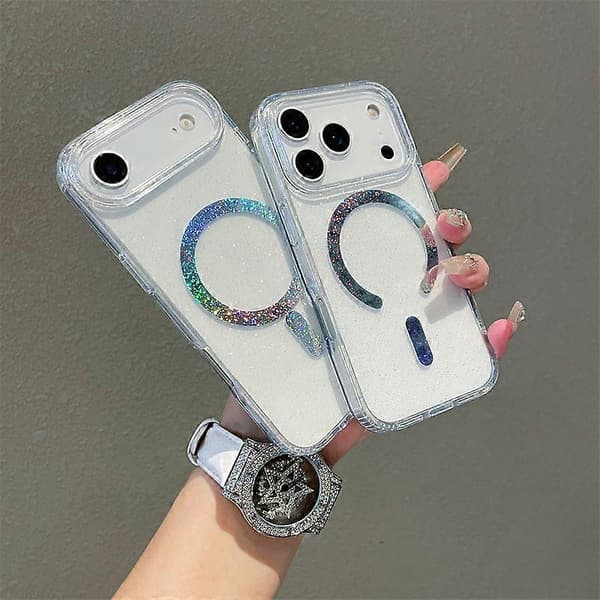 Holografisk Glitter MagSafe iPhone-deksel til iPhone 17 - Klart Glitterdeksel med Regnbue Magnetisk Ring