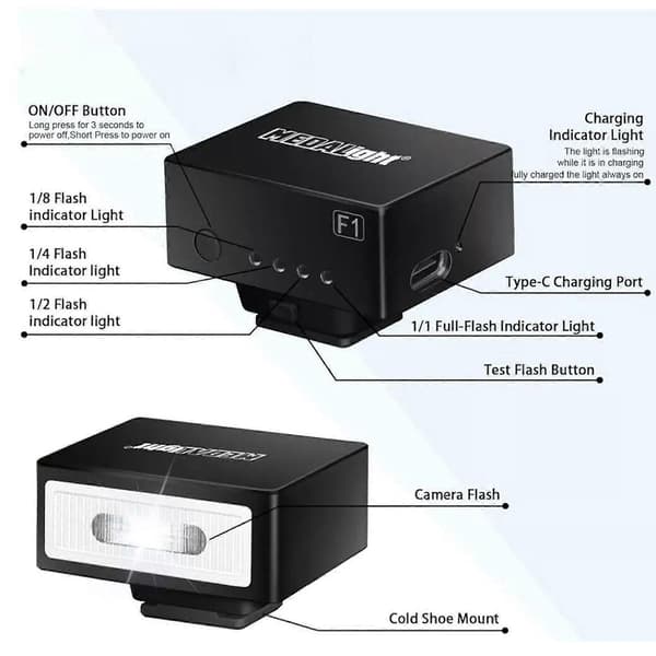 Mini Genopladelig Kamera Flash Lys Speedlite Til Ricoh GR3 /Canon/Sony (Sort)