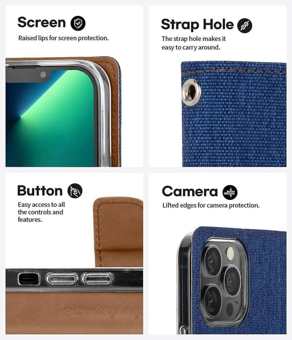 Til iPhone 13 Pro Wallet Flip Denim Cover.