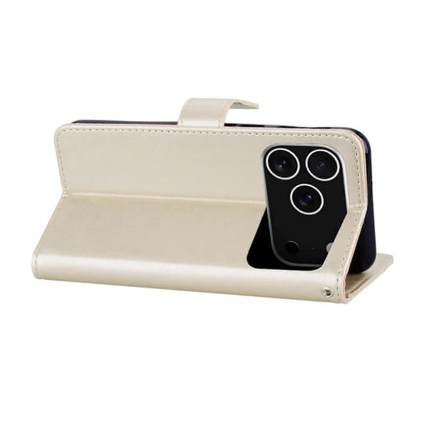 for iPhone 17 Pro Max-deksel Ugle Blomst Preget Lommebok i Skinn med Stropp - Gull
