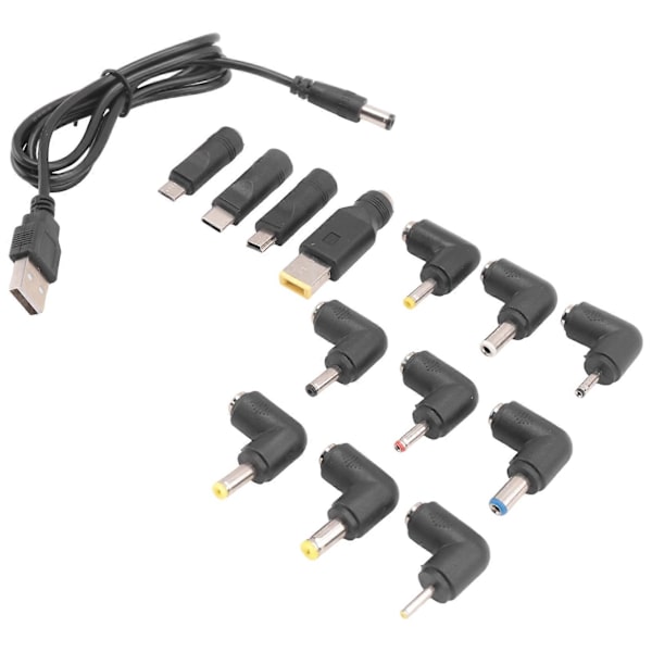 USB til DC strømkabel Universal USB til DC Jack ladekabel strømledning med 13 utskiftbare pluggkontakter adapter Black