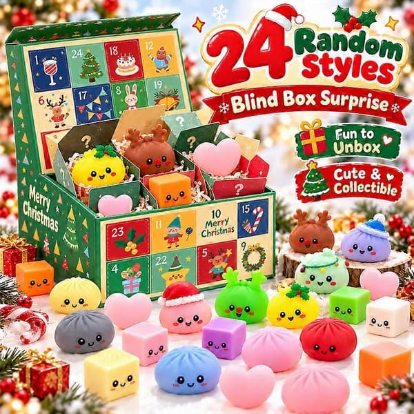 Jule-nedtælling Squishy Blind Box, blandede tilfældige bløde klemme-fidget-figurer, yndigt mini-sanselegetøj til festlig underholdning