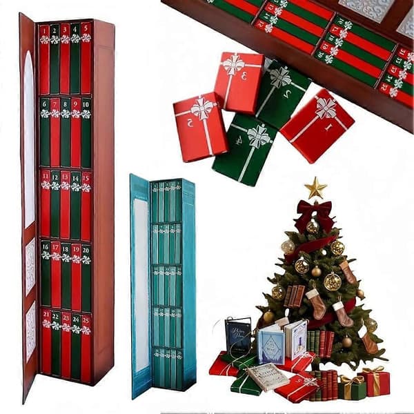 Julebog-pynt julekalender 2026, lille bogreol miniature bibliotek julepynt