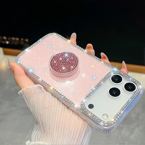 Timanttinen kimalteleva pyöreä pidike puhelinkotelo iPhone 17 Pro Maxille