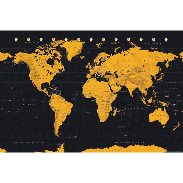 Världskarta -  Golden yellow World Map multifärg