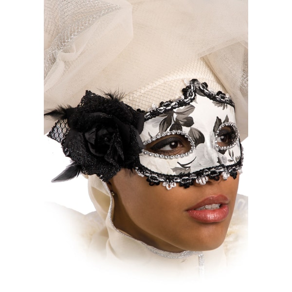 Ansiktsmask - Black and white mask with rose and feathers multifärg
