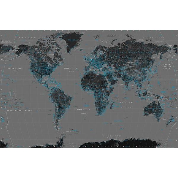 Världskarta - Svart / Blå - World map multifärg