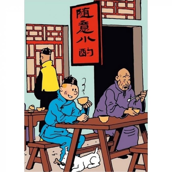 Tintin - Plastficka A4 - Blå Lotus - Tintin och Milou äter frukost multifärg