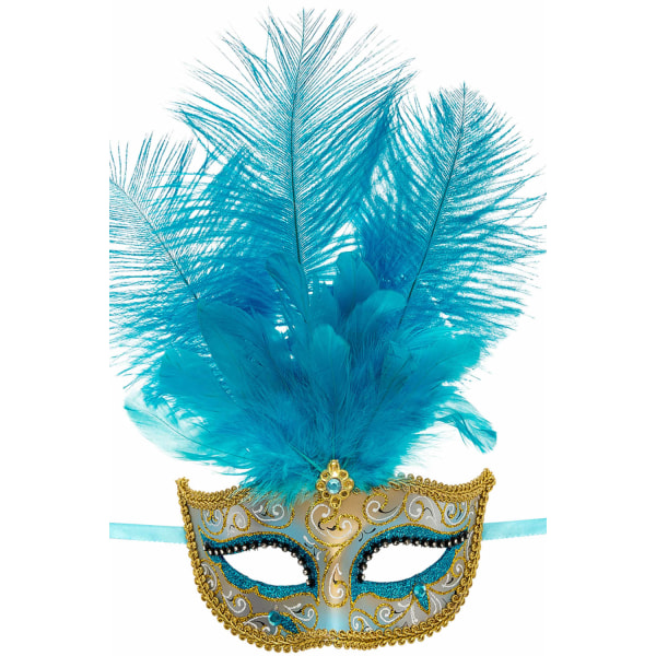 Ansiktsmask - Blue Venetian mask with gold , glitter and feather multifärg