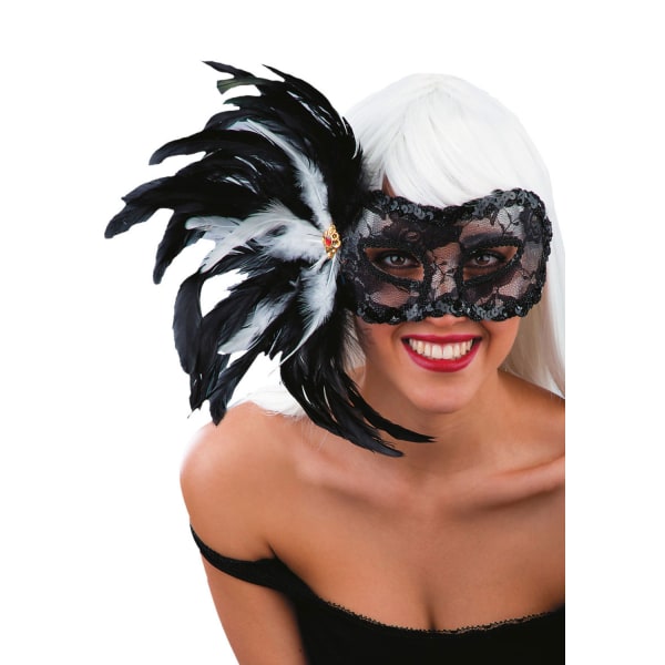 Ansiktsmask - Black lace mask with feathers multifärg