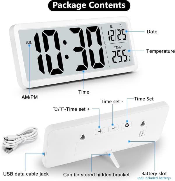 Batteridriven digital väggklocka stora siffror temperaturdisplay 12/24H vit