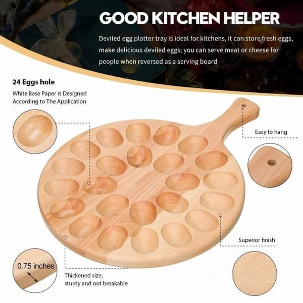 Rund serveringsbräda i trä, ägghållare för 24 ägg, multifunktionell