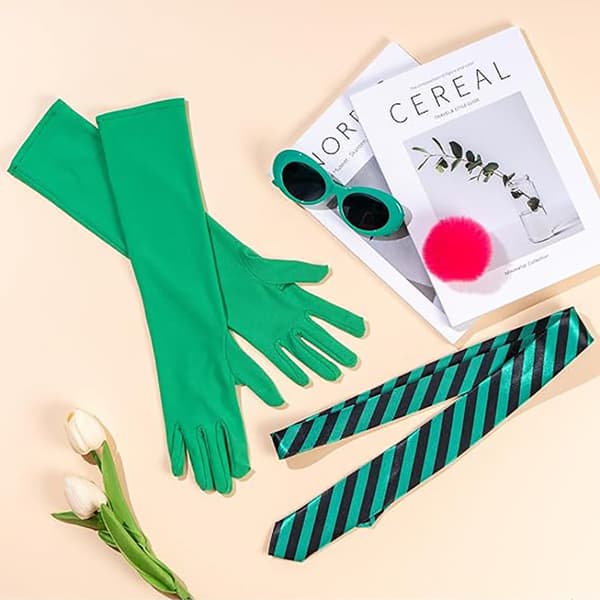 Halloween-kostym: grön hög hatt, blå solglasögon, randig handknuten slips, gröna handskar. 5-piece set - 2