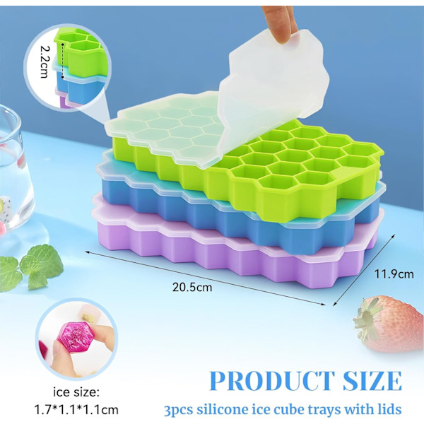 3-pack Silicone Ice Cube Tray with Lid, 37 Compartment Ice Maker, Easy Release, Reusable 111 Pieces Small Ice Cubes
