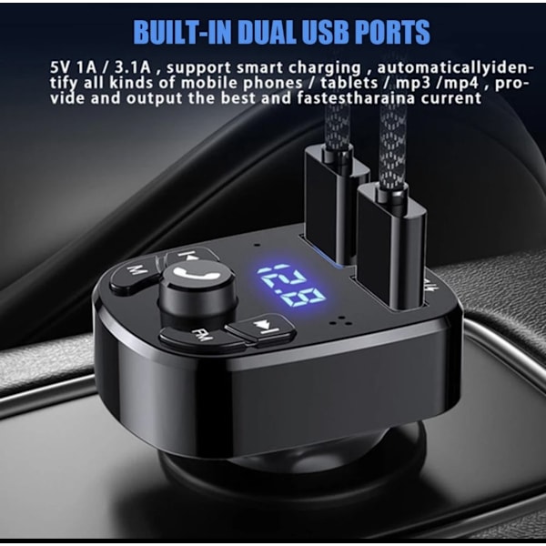 Trådløs FM-sender Bluetooth bilsæt håndfri opkald USB-oplader