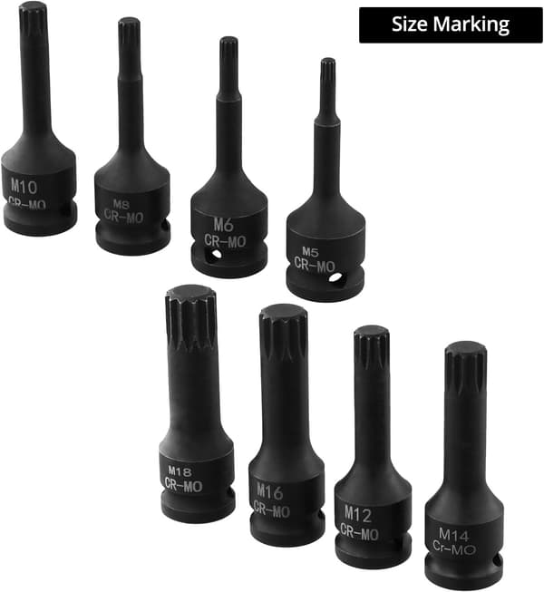 8 stk. Spline Bit Topnøgle Sæt M5 - M18 1/2 Tomme Drev Krom Vanadium Stål Multi Tand Topnøgle Sæt
