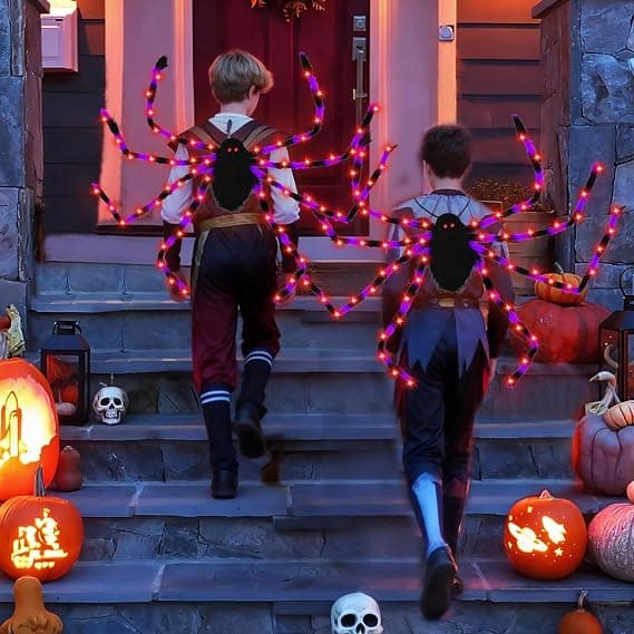 Lysende Halloween-edderkopperygsæk med plysben (64 LED'er) 90cm