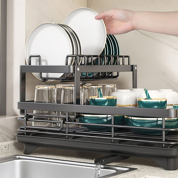 Steel Dish Drying Rack with Removable Tray and Two Tiers - Black