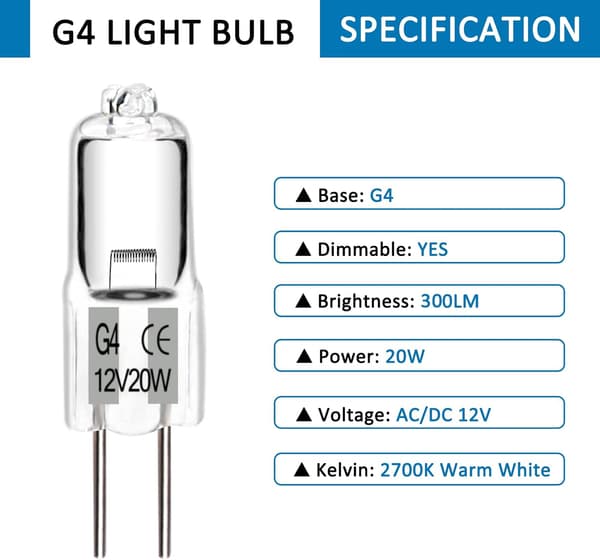 Halogenlampa G4 20W 12V, Varmvit 2700K, 280LM, 10-pack