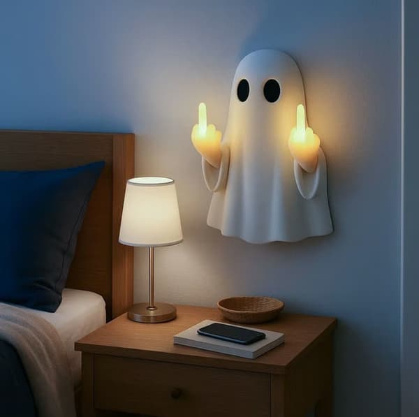 Langfinger sød spøgelse Halloween spøgelse med begge hænder, der rækker langfingre natlys