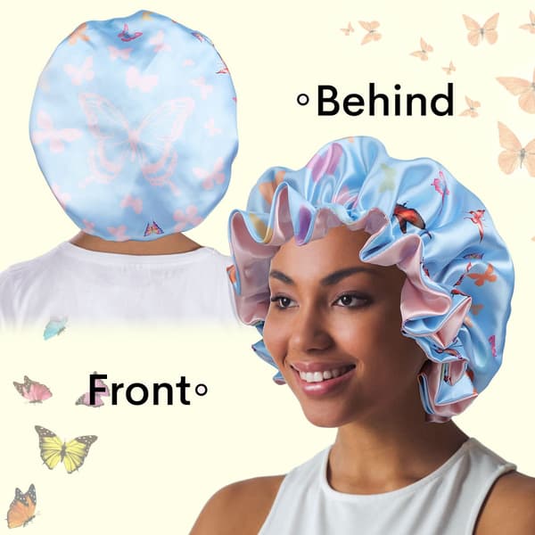Dobbeltlags Satin Stil Sovehætte med Sommerfugleprint og Flæser til Hårpleje Light blue