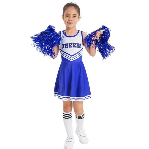 Pige Cheerleading Uniform Dansedragt Børne Cheerleader Outfit Rund Halsudskæring Patchwork Stil Dansekjole Pomponer og Strømper hot pink
