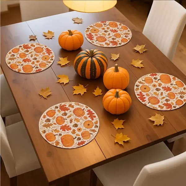 4-delt høstbrikkesett, håndtegnet høstdesign, gårdshus Thanksgiving borddekor, rund 35 cm 35*35