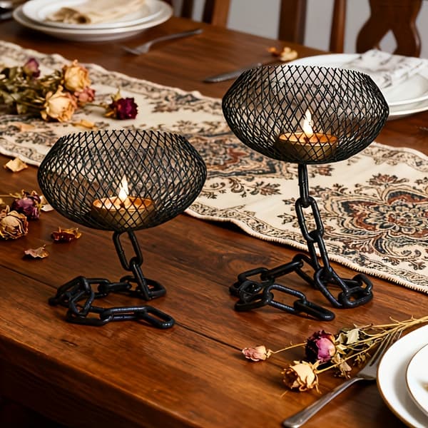 Industriell Kjede Jern Lysestaker Sett med 2 Rustikk Stil Solid for Innendørs Utendørs Telys Bryllup 2pcs