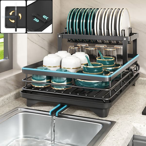 Steel Dish Drying Rack with Removable Tray and Two Tiers - Black