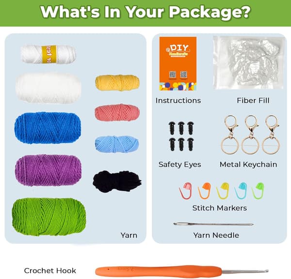 Crochet kit for beginners, 3 pattern animals - owl, penguin, frog, knitting kit for kids with step-by-step video tutorial and yarn, crochet hook, accessories
