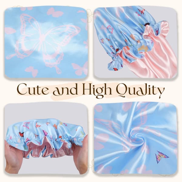 Dobbeltlags Satin Stil Sovehætte med Sommerfugleprint og Flæser til Hårpleje Light blue