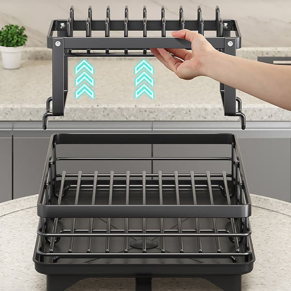 Steel Dish Drying Rack with Removable Tray and Two Tiers - Black