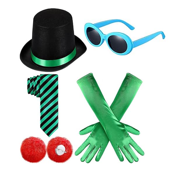 Halloween-kostym: grön hög hatt, blå solglasögon, randig handknuten slips, gröna handskar. 5-piece set