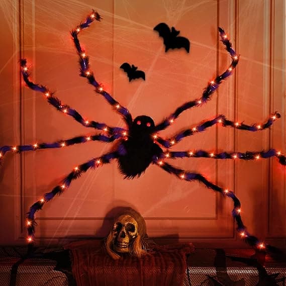 Lysende Halloween-edderkopperygsæk med plysben (64 LED'er) 90cm